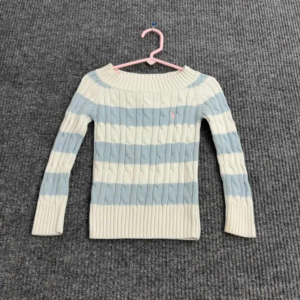 Polo Ralph Lauren Sweater Girls‎ 3T Blue White Cotton Cable Knit Striped Preppy